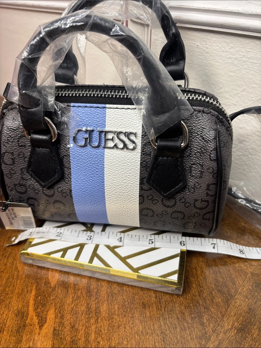 Guess Black Mini Satchel with Blue and White Center Stripe and crossbody strap - Picture 12 of 16